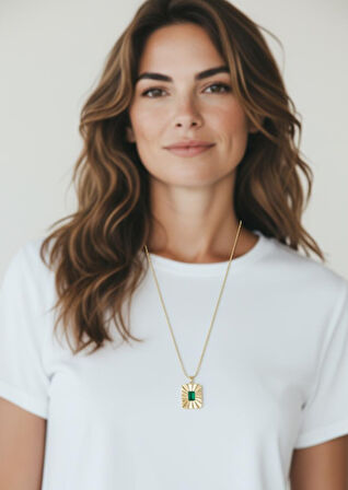 VIP Gold Renk Kaplama Zümrüt Taşlı Kolye - 60 cm Zincir