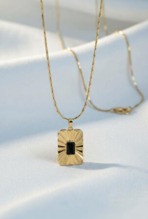 14K VIP Gold Renk Siyah Taşlı Kolye - 60 cm Zincir