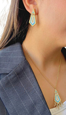 Turkuaz Taşlı Geometrik Desenli Çelik Kolye ve Küpe Takımı