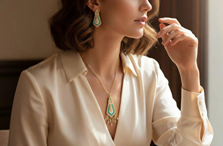 Turkuaz Taşlı Geometrik Desenli Çelik Kolye ve Küpe Takımı