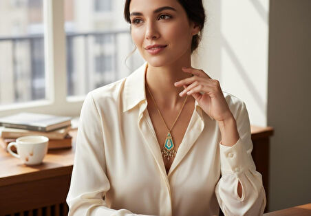 Turkuaz Taşlı Geometrik Desenli Çelik Kolye ve Küpe Takımı