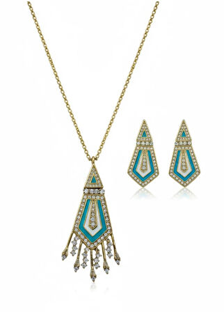 Turkuaz Taşlı Geometrik Desenli Çelik Kolye ve Küpe Takımı