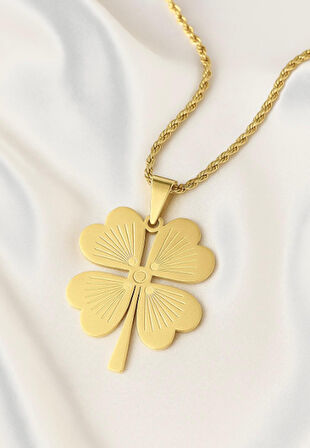 Altın Renk Çelik Dört Yapraklı Yonca Figürlü Zincir Kolye- 60 cm