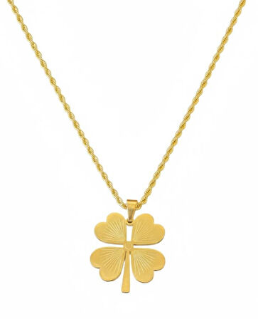 Altın Renk Çelik Dört Yapraklı Yonca Figürlü Zincir Kolye- 60 cm