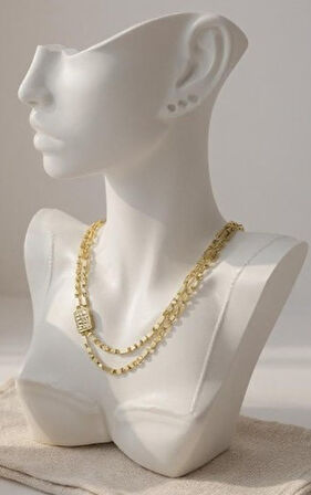 Çift Sıralı Baget Taşlı Altın Renk Kolye