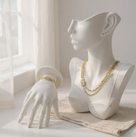 Çift Sıralı Baget Taşlı Altın Renk Kolye & Bileklik Set