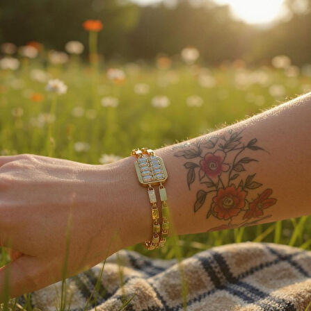 Çift Sıralı Baget Taşlı Altın Renk Kolye & Bileklik Set