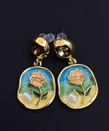 Mavi Desenli Çiçek Motifli Modern Küpe