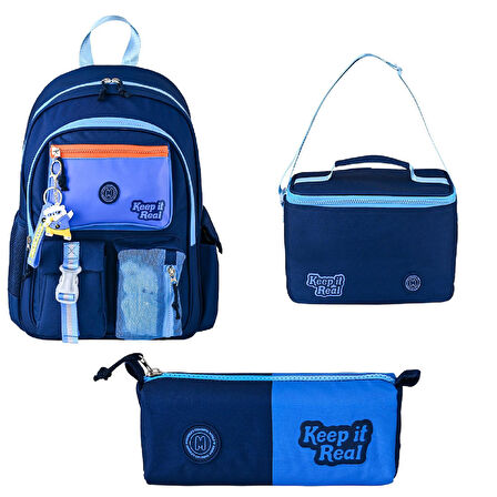 Muggle 3 Bölmeli Deep Blue Okul Sırt Çantası + Beslenme Çantası + Kalemlik