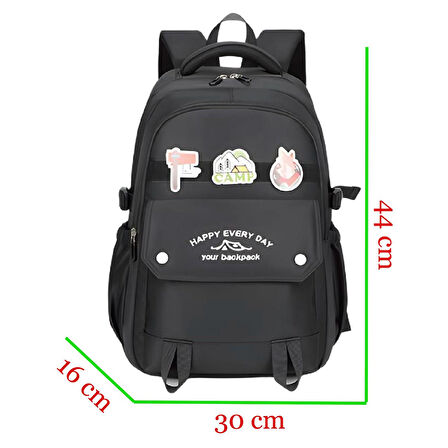 Muggle 3 Bölmeli Happy Camp Kolej Okul Sırt Çantası Siyah (MU-1667)