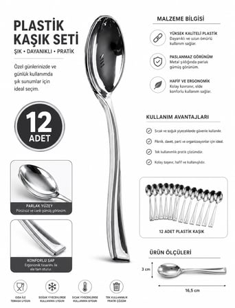 Metal Görünümlü Plastik Kaşık 12 Parça Gümüş Renk Parti Doğum Günü Davet Sofra Seti