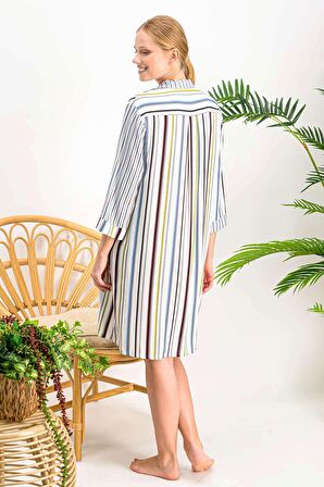 Arnetta Colour Lines Krem Düğmeli Boyfriend Kadın Gömlek Gecelik