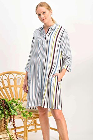 Arnetta Colour Lines Krem Düğmeli Boyfriend Kadın Gömlek Gecelik