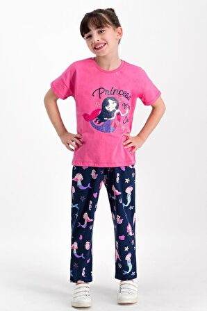 Rolypoly Kız Çocuk Pijama Takımı Yarım Kol Denizkızı Princess Desenli Süprem Rpoly17531