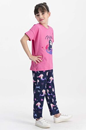 Rolypoly Kız Çocuk Pijama Takımı Yarım Kol Denizkızı Princess Desenli Süprem Rpoly17531