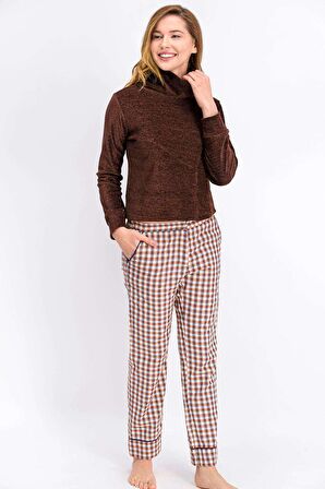 Arnetta Checked Kahverengi Kadın Balıkçı Yaka Pijama Takımı