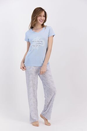 Arnetta Ethnic Pattern Buz Mavisi Kadın Pijama Takımı
