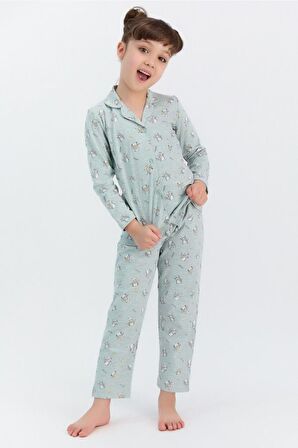 Relax Yeşilmelanj Kız Çocuk Gömlek Pijama Takımı