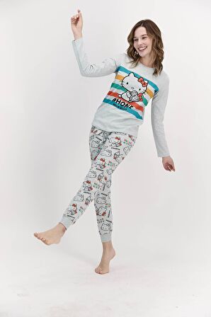 Hello Kitty Lisanslı Home Yeşilmelanj Kadın Pijama Takımı L1400-S