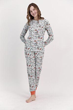 Hello Kitty Lisanslı Yeşilmelanj Kadın Pijama Takımı L1401-S