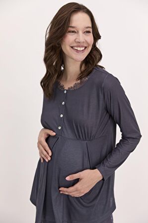 Arnetta Little Çiçek Desenli Lacivert Kadın Lohusa Pijama Takımı