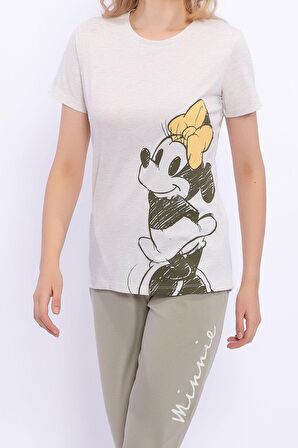 Minnie Mouse Lisanslı Kremmelanj Kadın Ribanalı Pijama Takımı