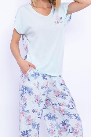 Arnetta Çiçek Desenli Nil Mavisi Kadın Kapri Takım