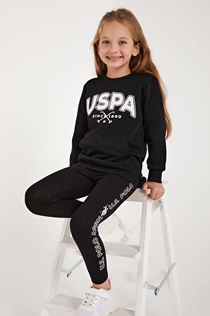 U.S. Polo Assn Lisanslı Siyah Kız Çocuk Kanguru Cepli Tayt Takım