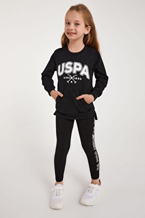 U.S. Polo Assn Lisanslı Siyah Kız Çocuk Kanguru Cepli Tayt Takım