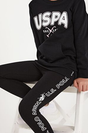 U.S. Polo Assn Lisanslı Siyah Kız Çocuk Kanguru Cepli Tayt Takım