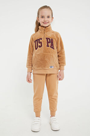 U.S. Polo Assn Lisanslı Camel Kız Çocuk Yaka Fermuarlı Eşofman Takım