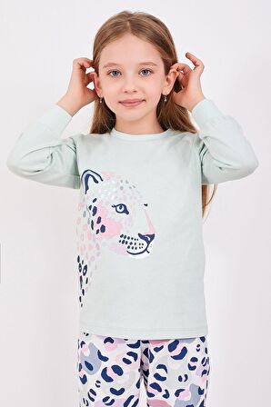 RolyPoly Leopard Su Yeşili Kız Çocuk Uzun Kol Pijama Takım