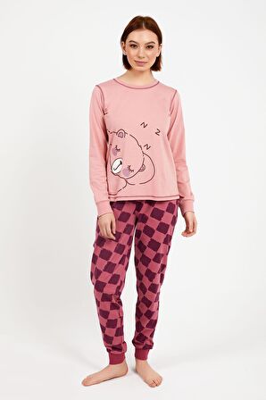 RolyPoly Bear Pembe Kadın Uzun Kol Pijama Takım