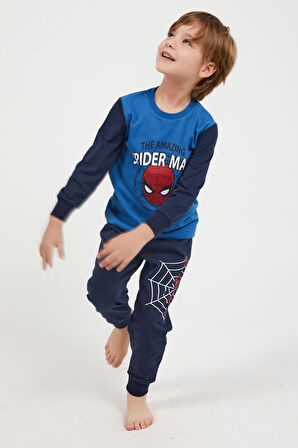 Marvel Comics Spider Man The Amazing Cobalt Mavi Erkek Çocuk Uzun Kol Pijama Takım