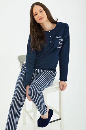 Pierre Cardin Striped Lacivert Kadın Uzun Kol Pijama Takım