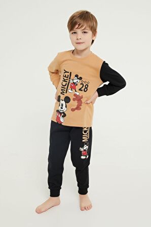 Mickey Mouse Lisanslı Bej Erkek Çocuk Uzun Kol Pijama Takım