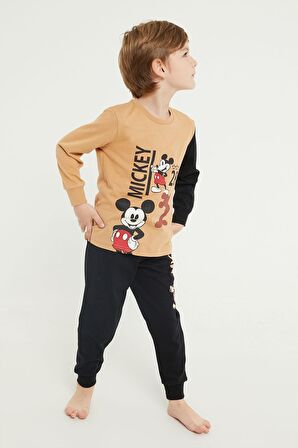 Mickey Mouse Lisanslı Bej Erkek Çocuk Uzun Kol Pijama Takım