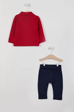 U.S. Polo Assn Lisanslı Yaka Düğmeli Kırmızı Erkek Bebek Uzun Kol Sweatshirt Takım