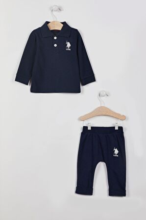 U.S. Polo Assn Lisanslı Yaka Düğmeli Lacivert Erkek Bebek Uzun Kol Sweatshirt Takım