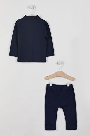 U.S. Polo Assn Lisanslı Yaka Düğmeli Lacivert Erkek Bebek Uzun Kol Sweatshirt Takım