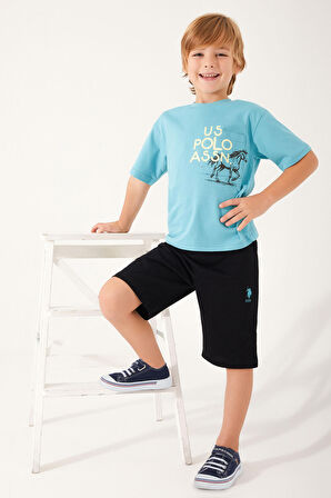 U.S. Polo Assn Horse Picture Pattern Mavi Erkek Çocuk Bermuda Takım