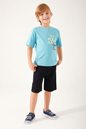 U.S. Polo Assn Horse Picture Pattern Mavi Erkek Çocuk Bermuda Takım