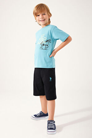U.S. Polo Assn Horse Picture Pattern Mavi Erkek Çocuk Bermuda Takım