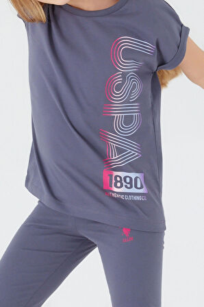 U.S. Polo Assn Navy Blue Written Mor Kız Çocuk Tayt Takım