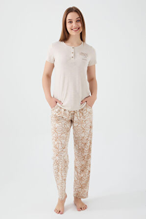 Pierre Cardin Tropical Vibes Bej Kadın Kısa Kol Pijama Takım