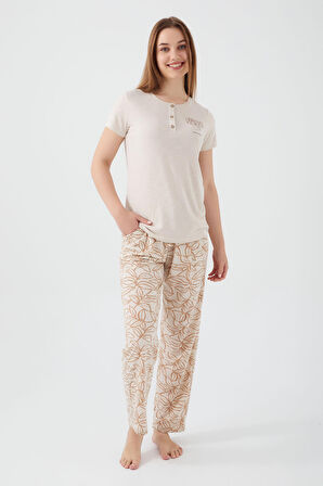 Pierre Cardin Tropical Vibes Bej Kadın Kısa Kol Pijama Takım