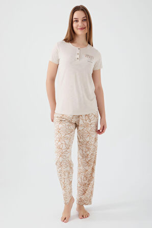 Pierre Cardin Tropical Vibes Bej Kadın Kısa Kol Pijama Takım