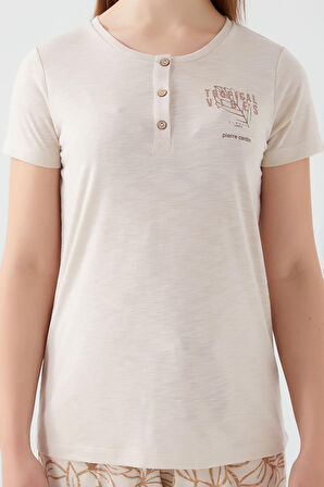 Pierre Cardin Tropical Vibes Bej Kadın Kısa Kol Pijama Takım