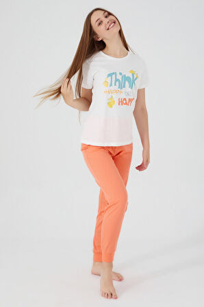 Rolypoly Think Happy Be Happy Krem Kadın Kısa Kol Pijama Takım