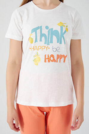 Rolypoly Think Happy Be Happy Krem Kadın Kısa Kol Pijama Takım